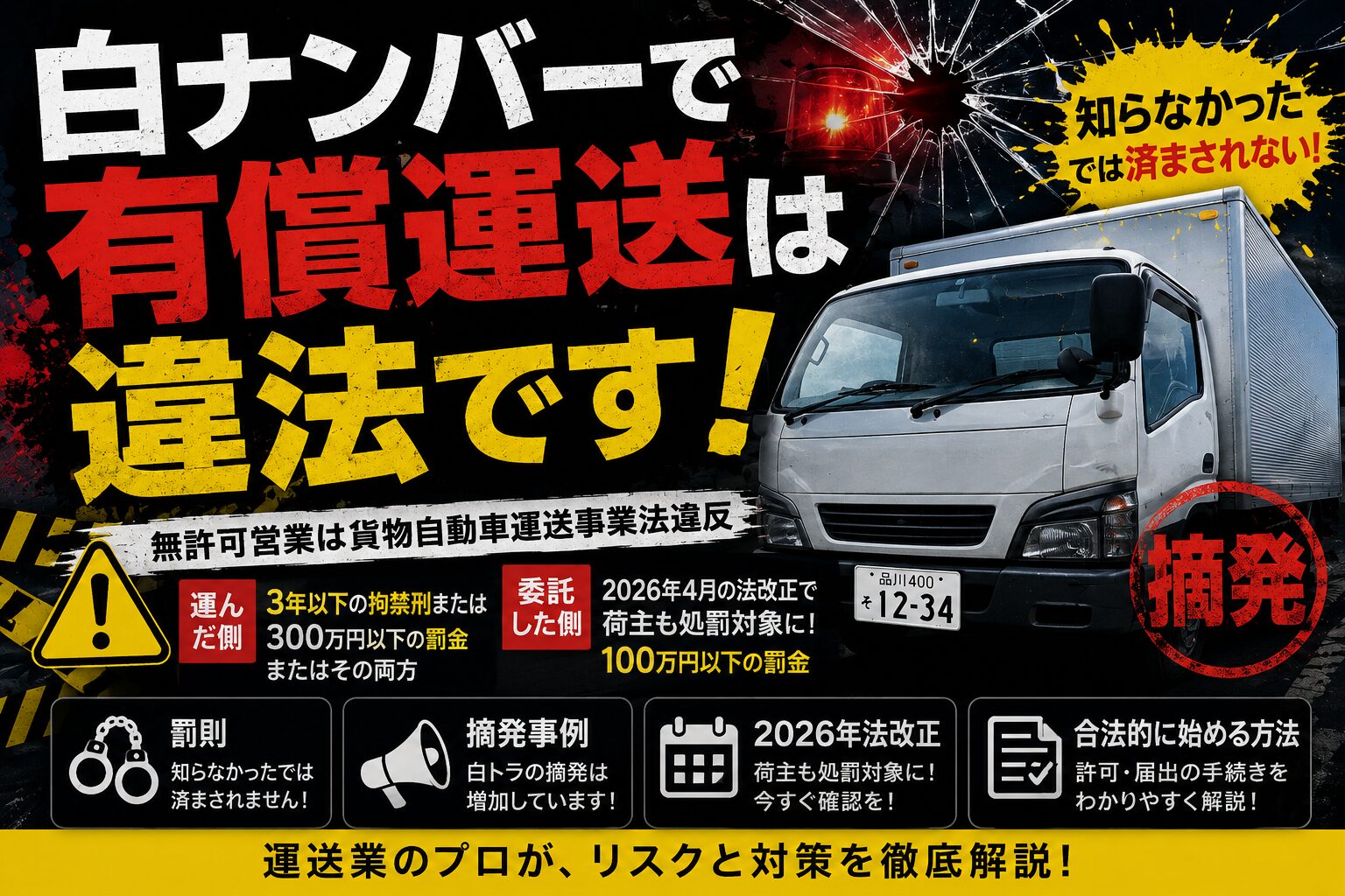 白ナンバーでの有償運送は原則違法｜罰則・2026年法改正を行政書士が解説