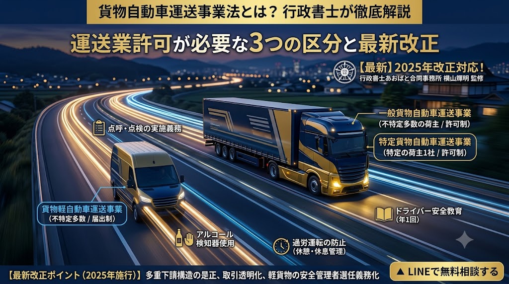 貨物自動車運送事業法とは？運送業許可が必要な3つの区分と最新改正を行政書士が解説